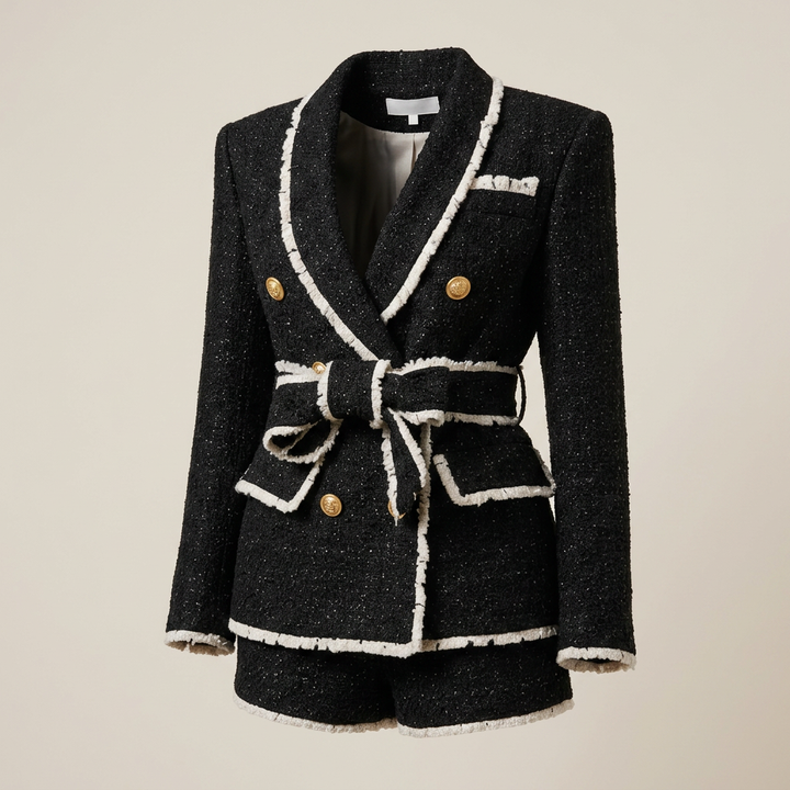 Tweed Belted Blazer and High-Waist Shorts Set-Vyana Collective