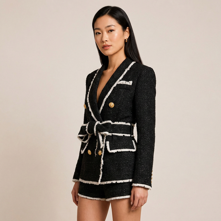 Tweed Belted Blazer and High-Waist Shorts Set-Vyana Collective