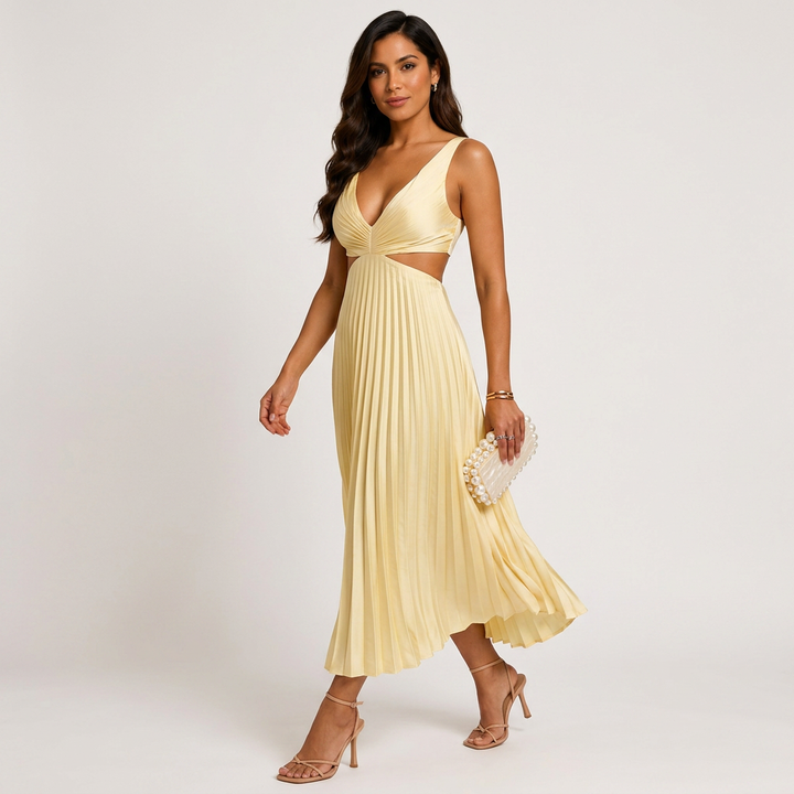 V-Neck Cutout Waist Pleated Midi Dress for Weddings and Elegant Celebrations Women-Vyana Collective
