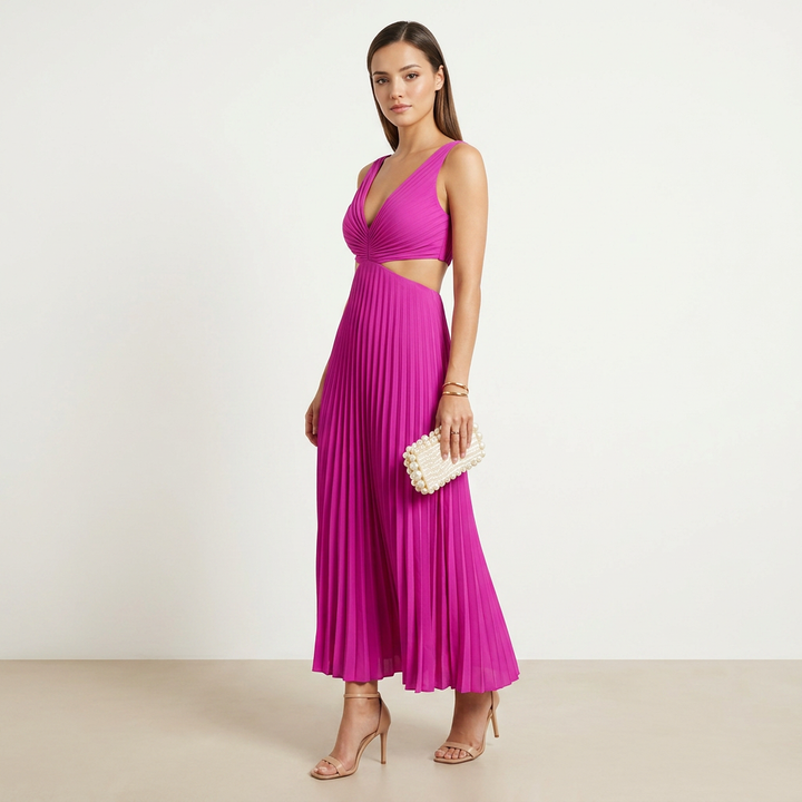 V-Neck Cutout Waist Pleated Midi Dress for Weddings and Elegant Celebrations Women-Vyana Collective