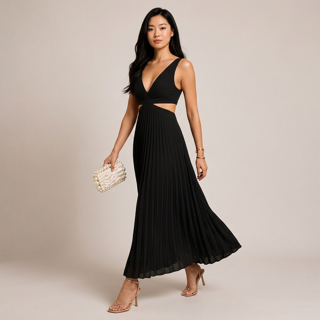 V-Neck Cutout Waist Pleated Midi Dress for Weddings and Elegant Celebrations Women-Vyana Collective