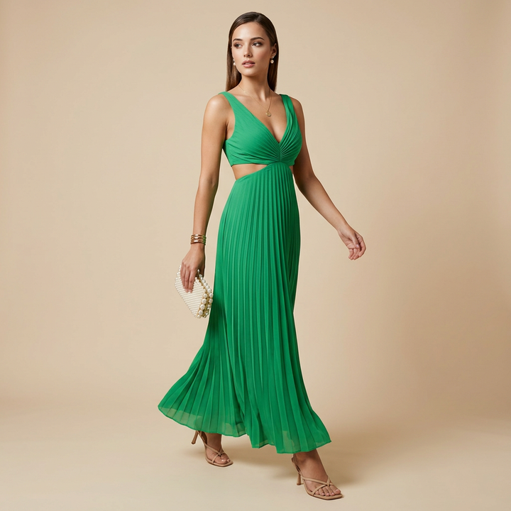 V-Neck Cutout Waist Pleated Midi Dress for Weddings and Elegant Celebrations Women-Vyana Collective