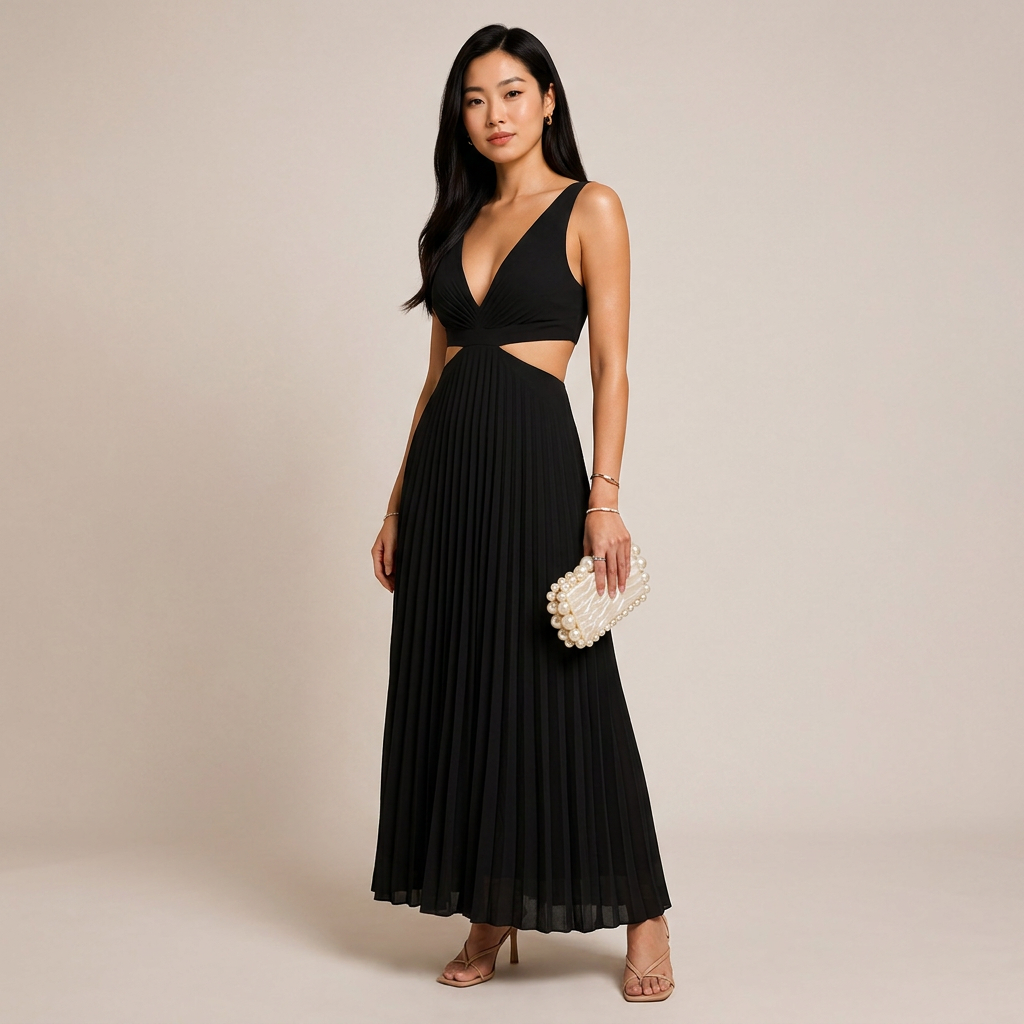 V-Neck Cutout Waist Pleated Midi Dress for Weddings and Elegant Celebrations Women-Vyana Collective