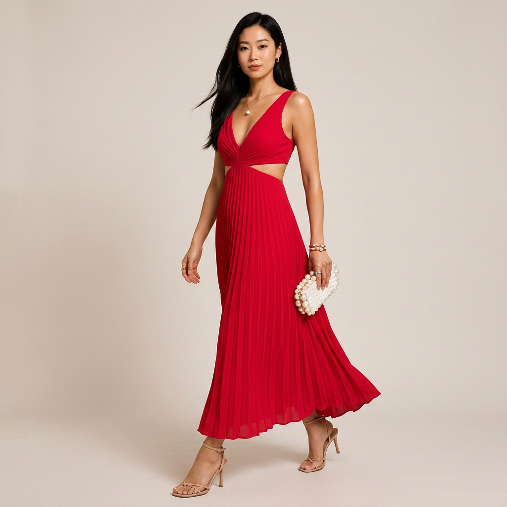 V-Neck Cutout Waist Pleated Midi Dress for Weddings and Elegant Celebrations Women-Vyana Collective