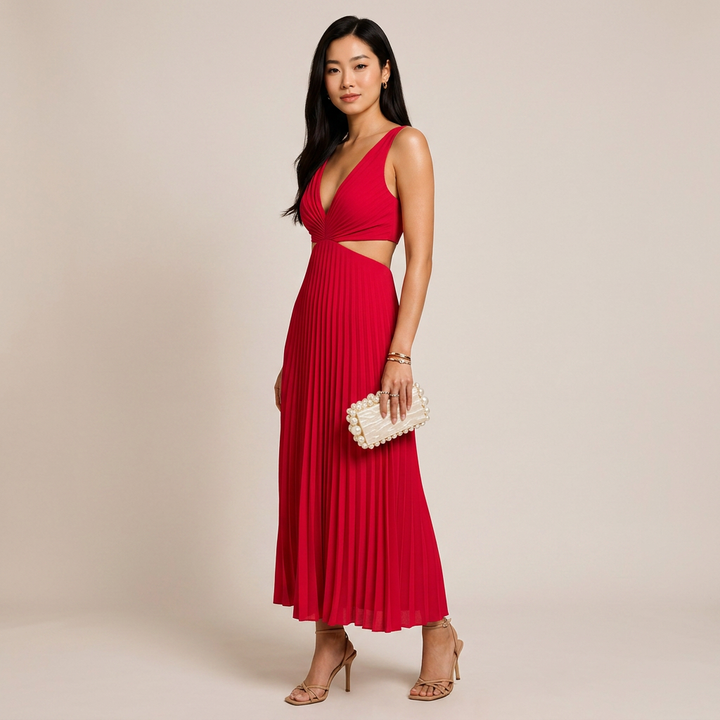 V-Neck Cutout Waist Pleated Midi Dress for Weddings and Elegant Celebrations Women-Vyana Collective