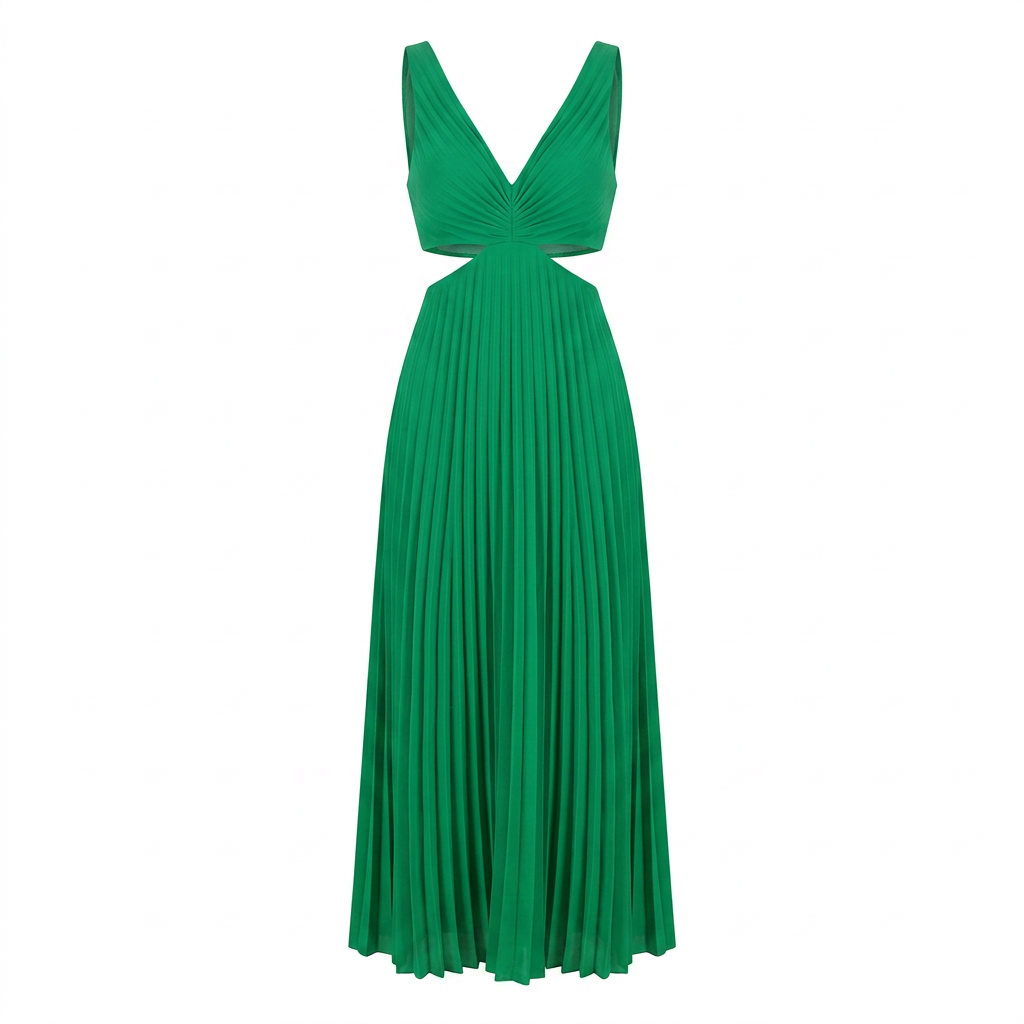 V-Neck Cutout Waist Pleated Midi Dress for Weddings and Elegant Celebrations Women-Vyana Collective