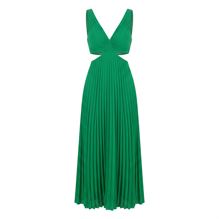 V-Neck Cutout Waist Pleated Midi Dress for Weddings and Elegant Celebrations Women-Vyana Collective