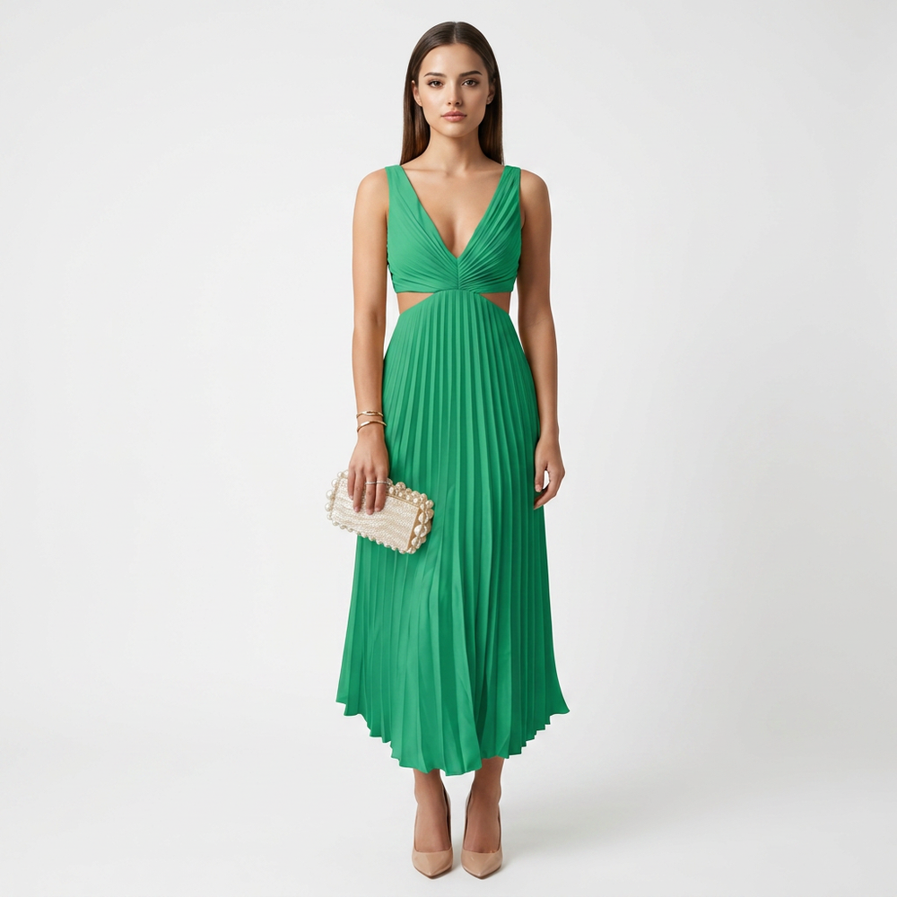 V-Neck Cutout Waist Pleated Midi Dress for Weddings and Elegant Celebrations Women-Vyana Collective