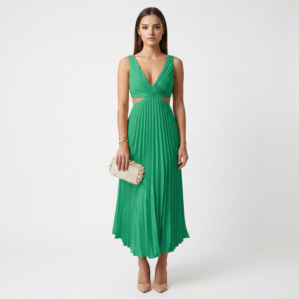 V-Neck Cutout Waist Pleated Midi Dress for Weddings and Elegant Celebrations Women-Vyana Collective