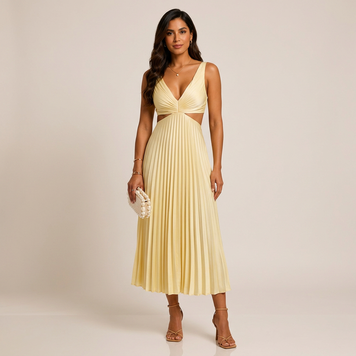 V-Neck Cutout Waist Pleated Midi Dress for Weddings and Elegant Celebrations Women-Vyana Collective