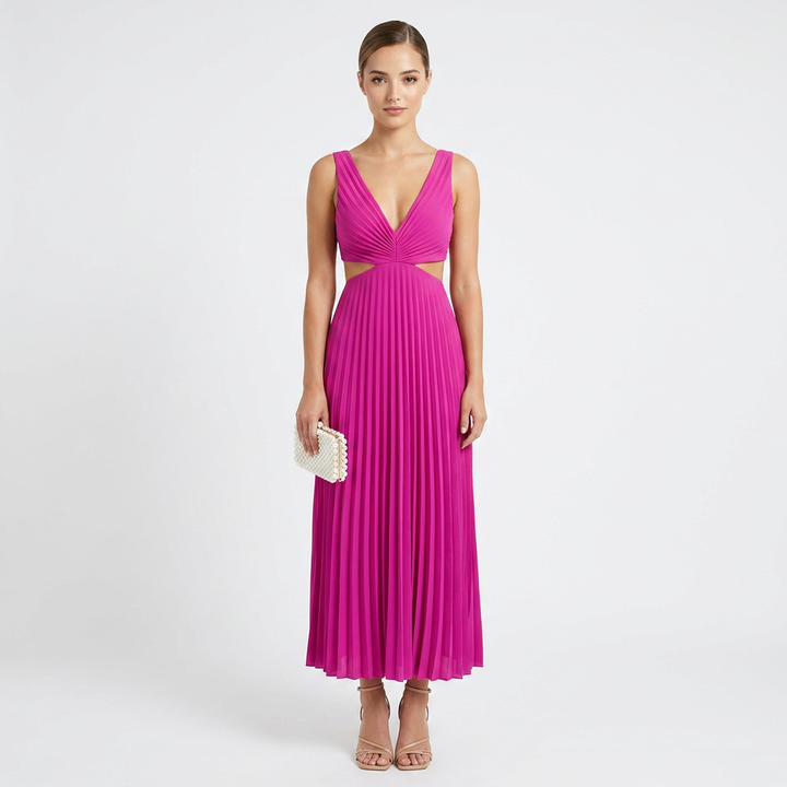 V-Neck Cutout Waist Pleated Midi Dress for Weddings and Elegant Celebrations Women-Vyana Collective