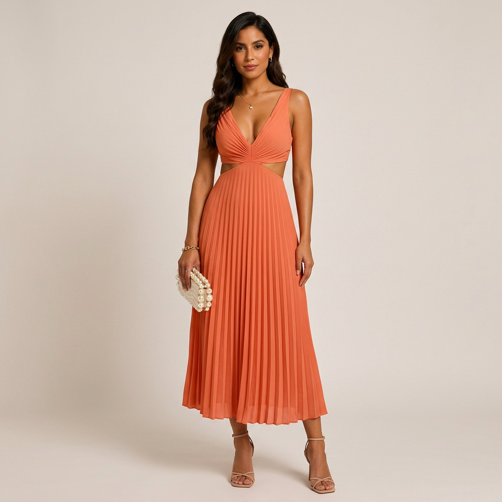 V-Neck Cutout Waist Pleated Midi Dress for Weddings and Elegant Celebrations Women-Vyana Collective