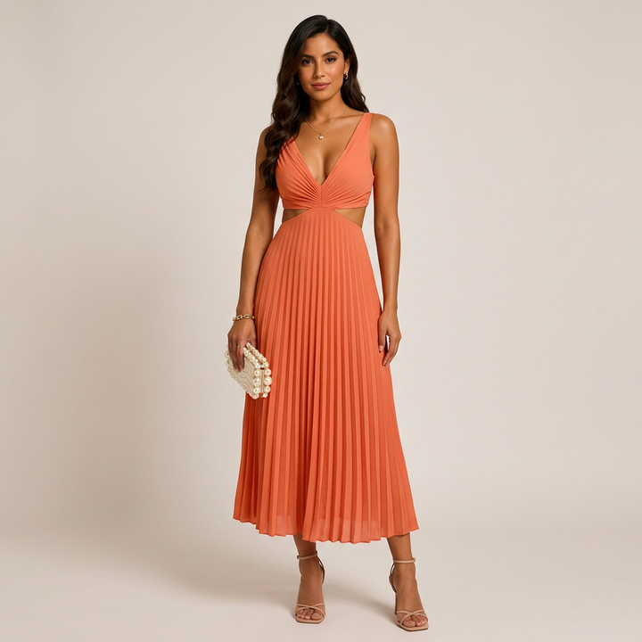 V-Neck Cutout Waist Pleated Midi Dress for Weddings and Elegant Celebrations Women-Vyana Collective
