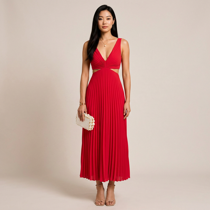 V-Neck Cutout Waist Pleated Midi Dress for Weddings and Elegant Celebrations Women-Vyana Collective
