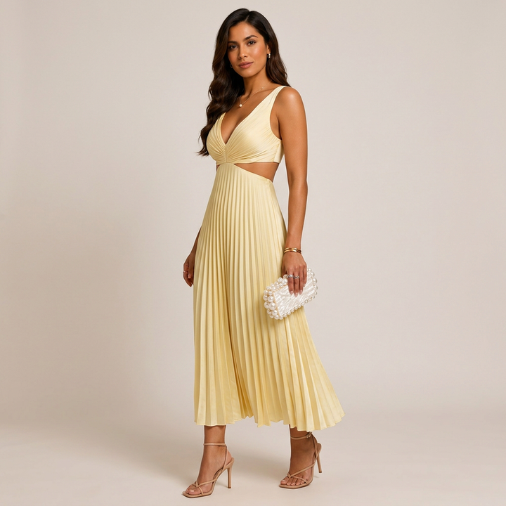 V-Neck Cutout Waist Pleated Midi Dress for Weddings and Elegant Celebrations Women-Vyana Collective