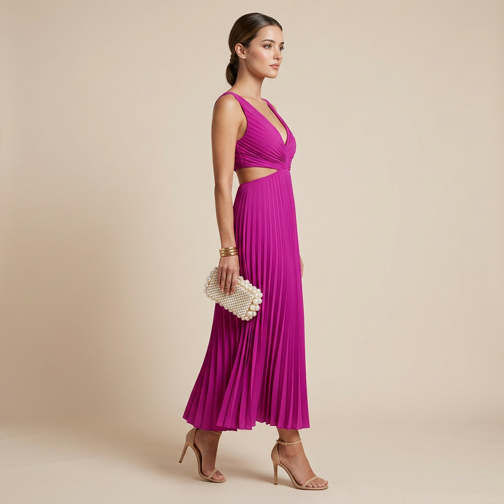 V-Neck Cutout Waist Pleated Midi Dress for Weddings and Elegant Celebrations Women-Vyana Collective