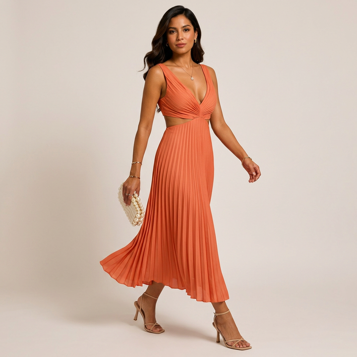 V-Neck Cutout Waist Pleated Midi Dress for Weddings and Elegant Celebrations Women-Vyana Collective