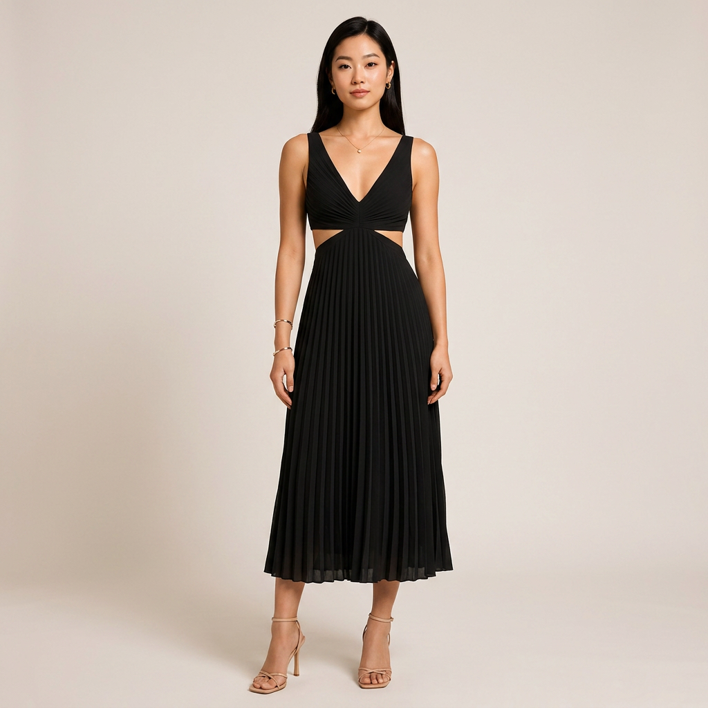 V-Neck Cutout Waist Pleated Midi Dress for Weddings and Elegant Celebrations Women-Vyana Collective