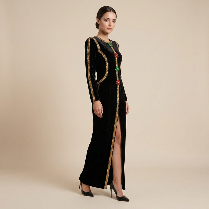 Velvet Gold Rhinestone Trim Floral Crystal Long Sleeve Split Maxi Evening Gown-Vyana Collective