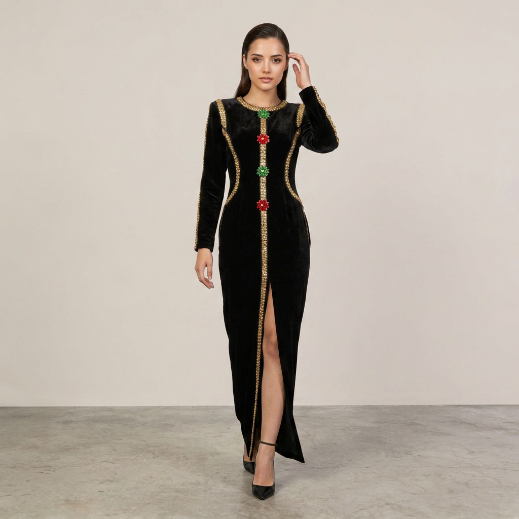 Velvet Gold Rhinestone Trim Floral Crystal Long Sleeve Split Maxi Evening Gown-Vyana Collective