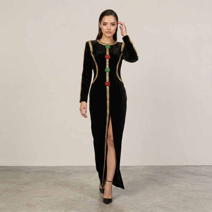 Velvet Gold Rhinestone Trim Floral Crystal Long Sleeve Split Maxi Evening Gown-Vyana Collective