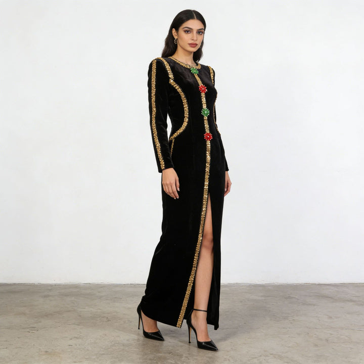 Velvet Gold Rhinestone Trim Floral Crystal Long Sleeve Split Maxi Evening Gown-Vyana Collective