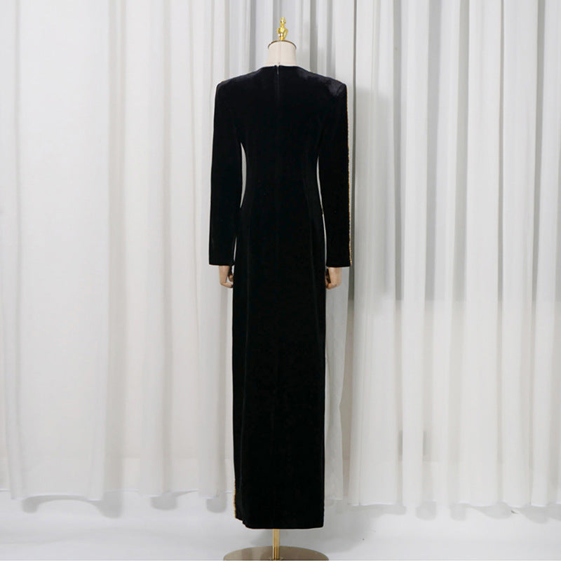 Velvet Gold Rhinestone Trim Floral Crystal Long Sleeve Split Maxi Evening Gown-Vyana Collective