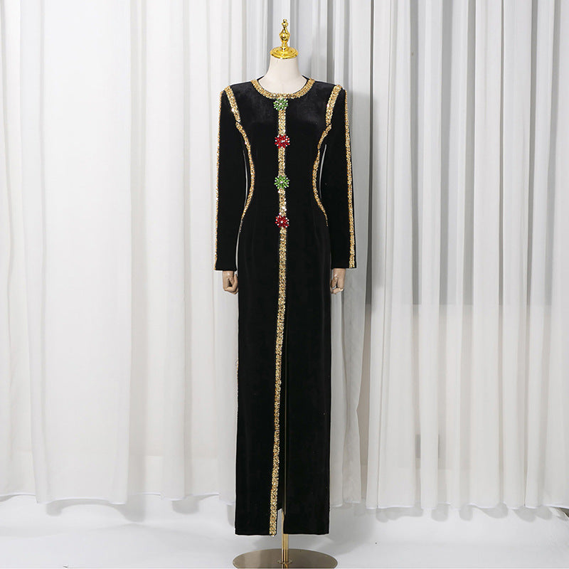 Velvet Gold Rhinestone Trim Floral Crystal Long Sleeve Split Maxi Evening Gown-Vyana Collective