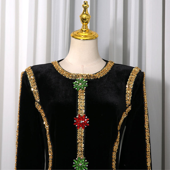 Velvet Gold Rhinestone Trim Floral Crystal Long Sleeve Split Maxi Evening Gown-Vyana Collective