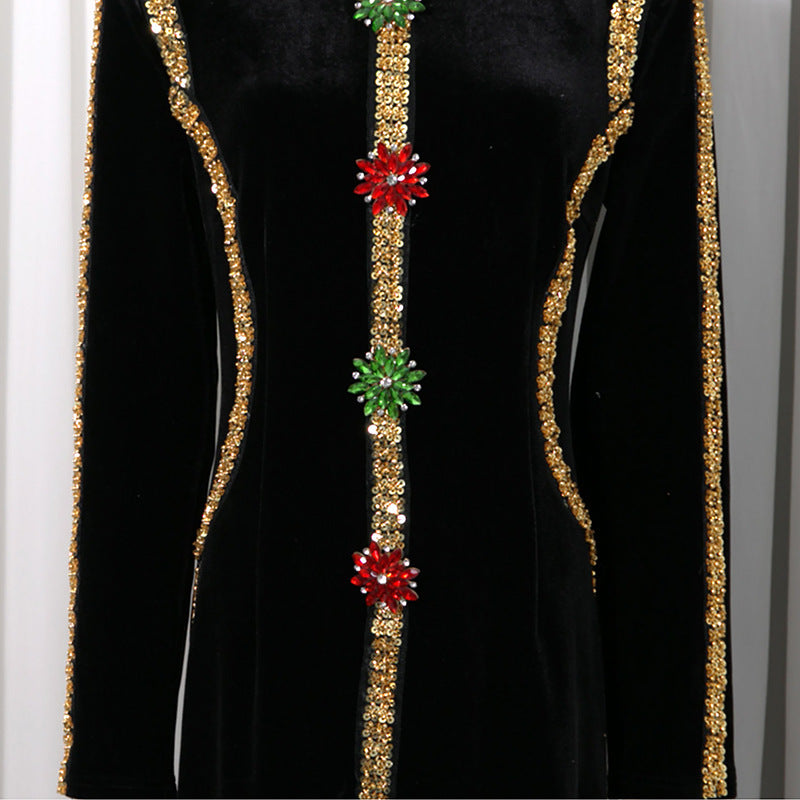 Velvet Gold Rhinestone Trim Floral Crystal Long Sleeve Split Maxi Evening Gown-Vyana Collective