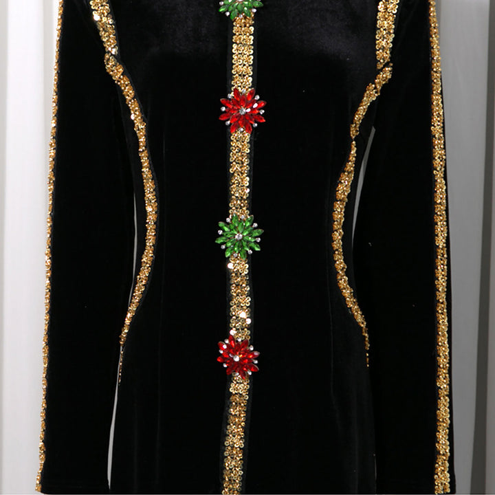 Velvet Gold Rhinestone Trim Floral Crystal Long Sleeve Split Maxi Evening Gown-Vyana Collective