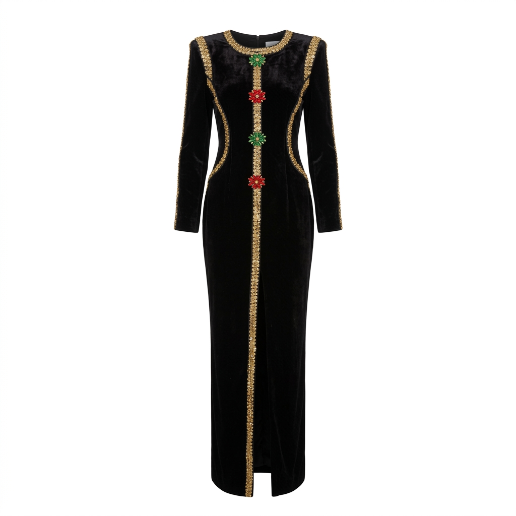 Velvet Gold Rhinestone Trim Floral Crystal Long Sleeve Split Maxi Evening Gown-Vyana Collective