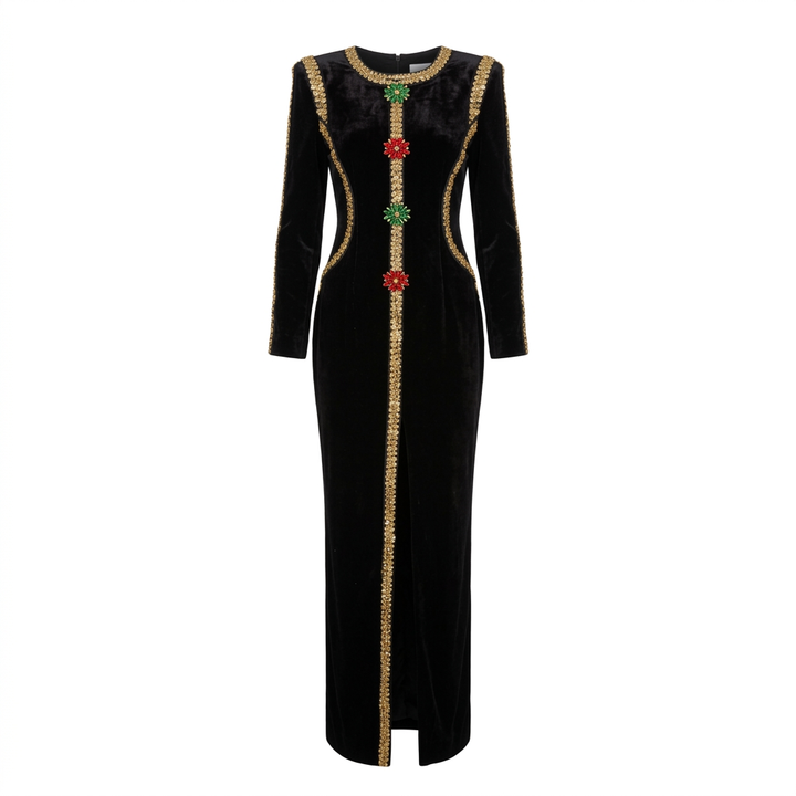 Velvet Gold Rhinestone Trim Floral Crystal Long Sleeve Split Maxi Evening Gown-Vyana Collective