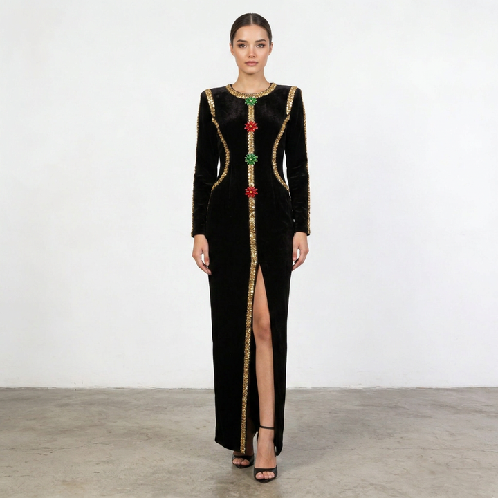 Velvet Gold Rhinestone Trim Floral Crystal Long Sleeve Split Maxi Evening Gown-Vyana Collective