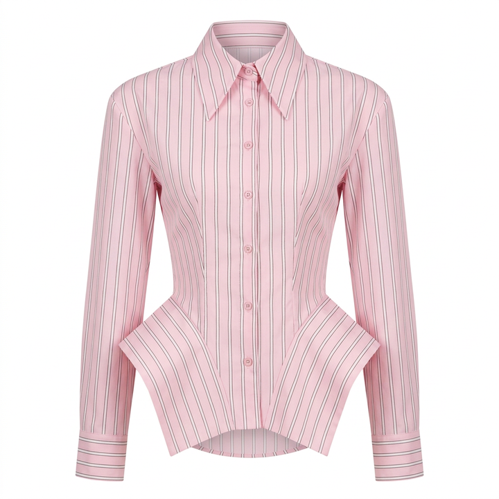Vertical Stripe Corset Waist Structured Shoulder Long Sleeve Button Shirt-Vyana Collective