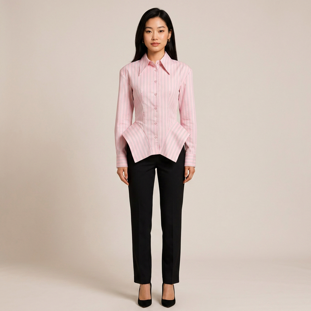 Vertical Stripe Corset Waist Structured Shoulder Long Sleeve Button Shirt-Vyana Collective