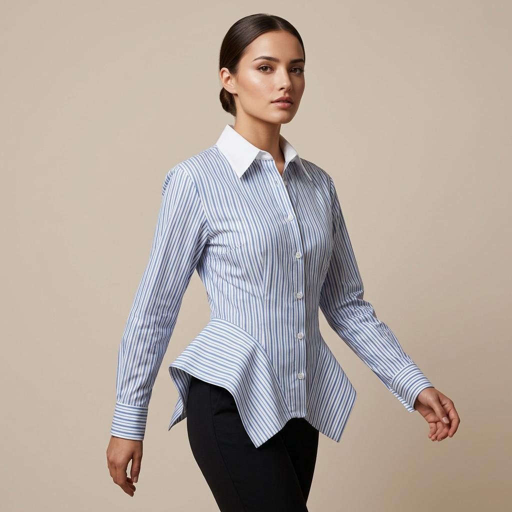 Vertical Stripe Corset Waist Structured Shoulder Long Sleeve Button Shirt-Vyana Collective
