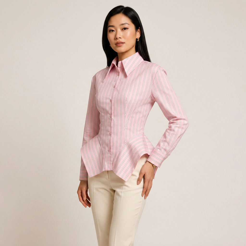 Vertical Stripe Corset Waist Structured Shoulder Long Sleeve Button Shirt-Vyana Collective