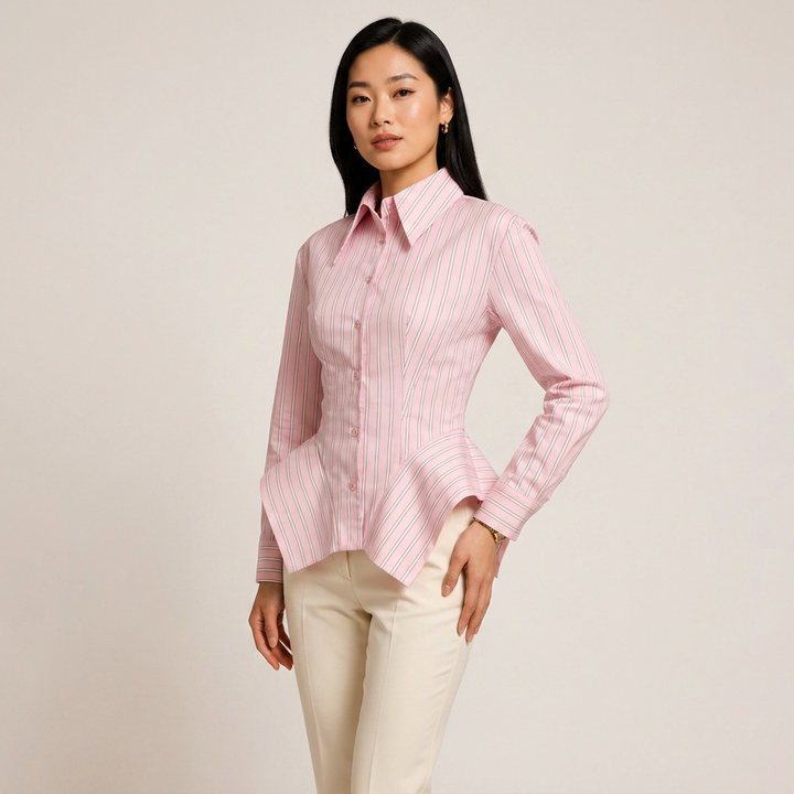 Vertical Stripe Corset Waist Structured Shoulder Long Sleeve Button Shirt-Vyana Collective