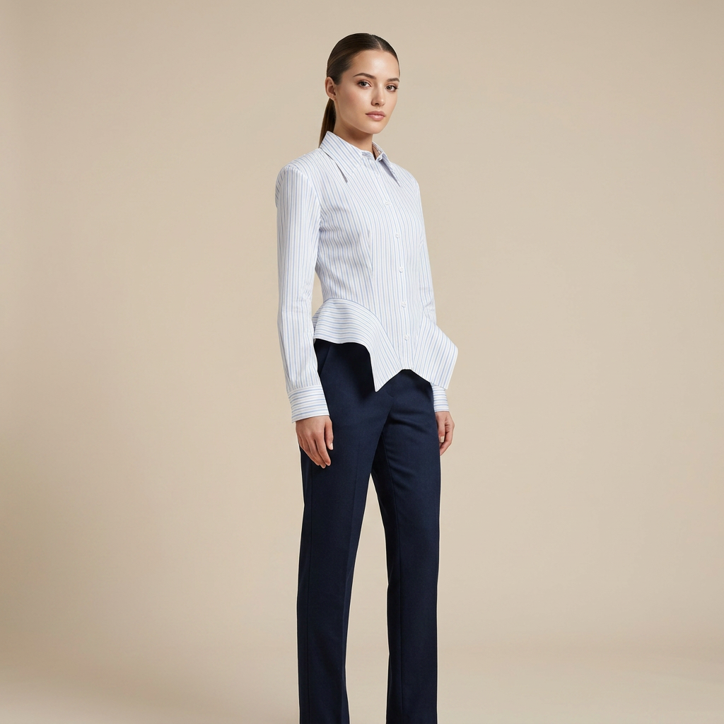 Vertical Stripe Corset Waist Structured Shoulder Long Sleeve Button Shirt-Vyana Collective