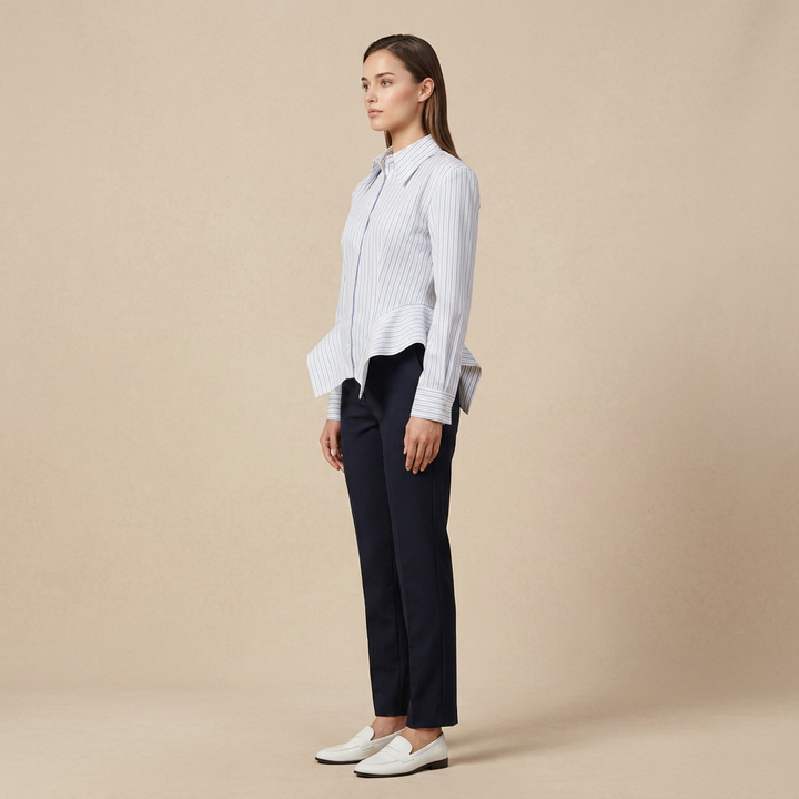 Vertical Stripe Corset Waist Structured Shoulder Long Sleeve Button Shirt-Vyana Collective