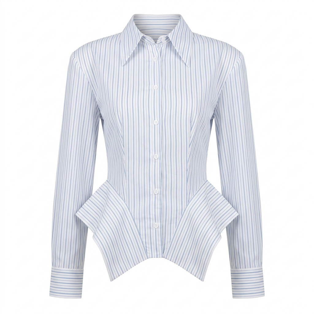 Vertical Stripe Corset Waist Structured Shoulder Long Sleeve Button Shirt-Vyana Collective