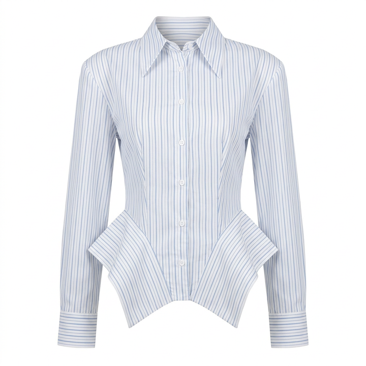 Vertical Stripe Corset Waist Structured Shoulder Long Sleeve Button Shirt-Vyana Collective