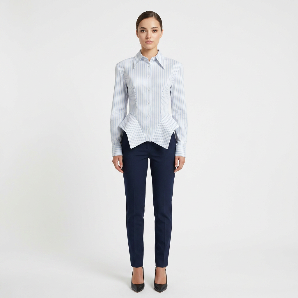Vertical Stripe Corset Waist Structured Shoulder Long Sleeve Button Shirt-Vyana Collective