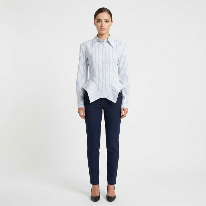Vertical Stripe Corset Waist Structured Shoulder Long Sleeve Button Shirt-Vyana Collective