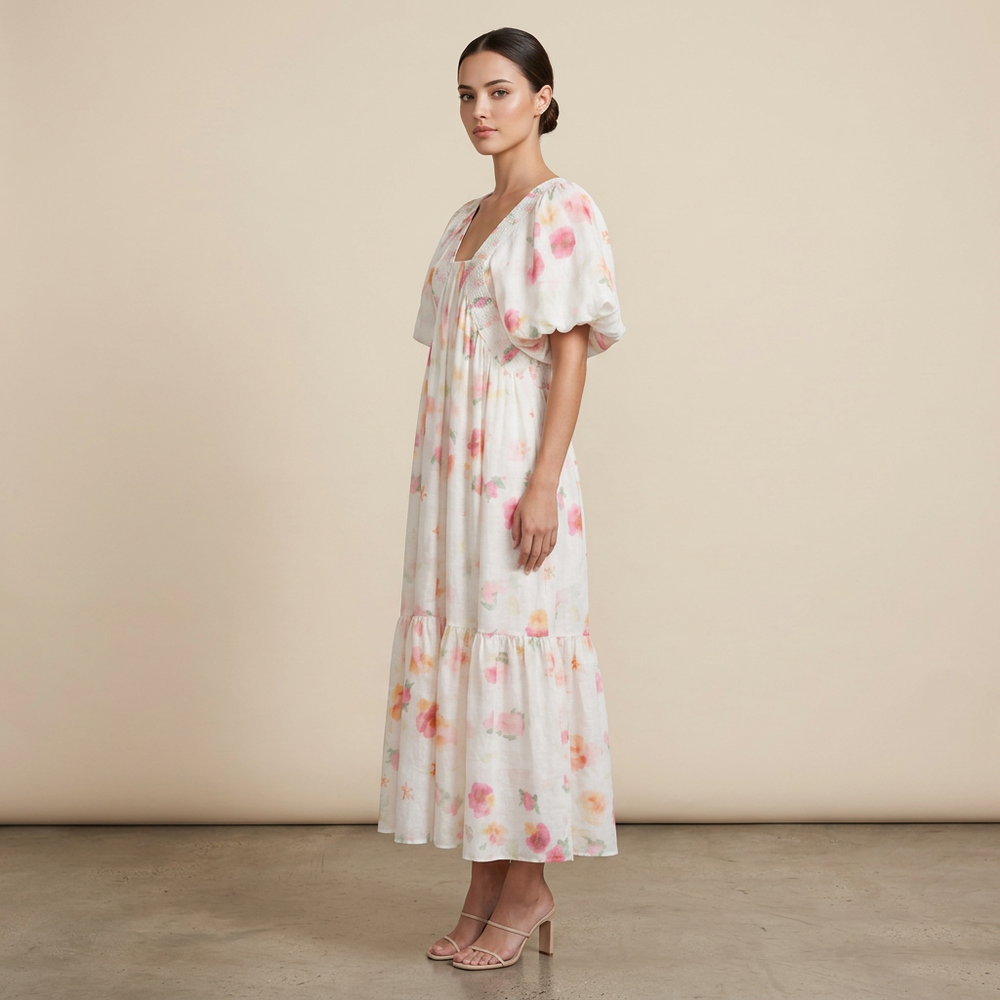 Watercolor Floral Smocked V-Neck Puff Sleeve Tiered Midi Dress | Cottagecore Summer Cotton Linen Dress-Vyana Collective