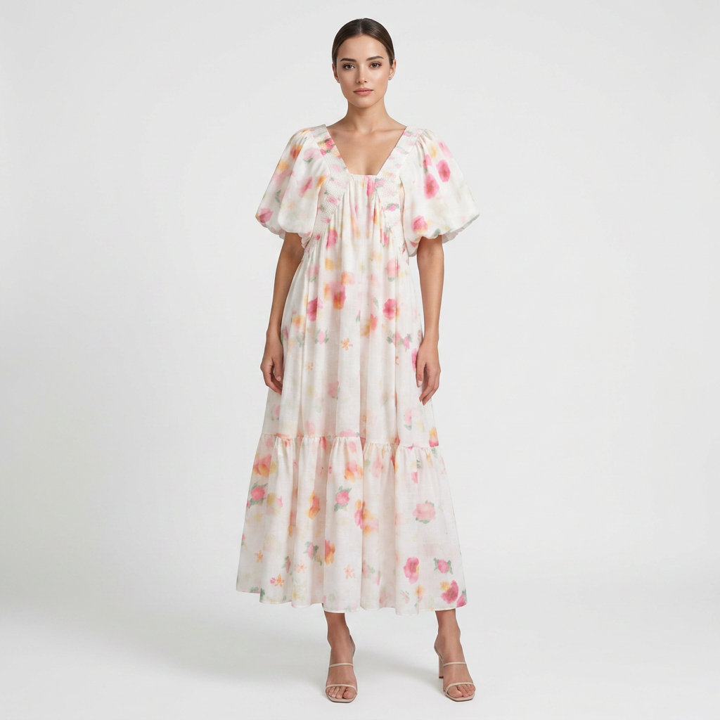 Watercolor Floral Smocked V-Neck Puff Sleeve Tiered Midi Dress | Cottagecore Summer Cotton Linen Dress-Vyana Collective