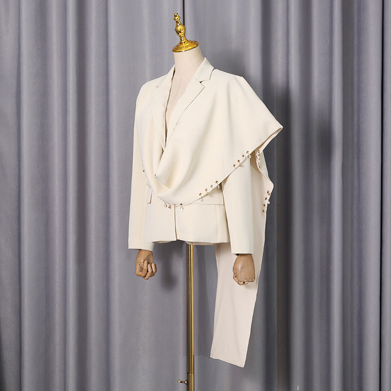 Waterfall Draped Pearl Beaded Tailored Blazer for Meetings Ready Women-Vyana Collective
