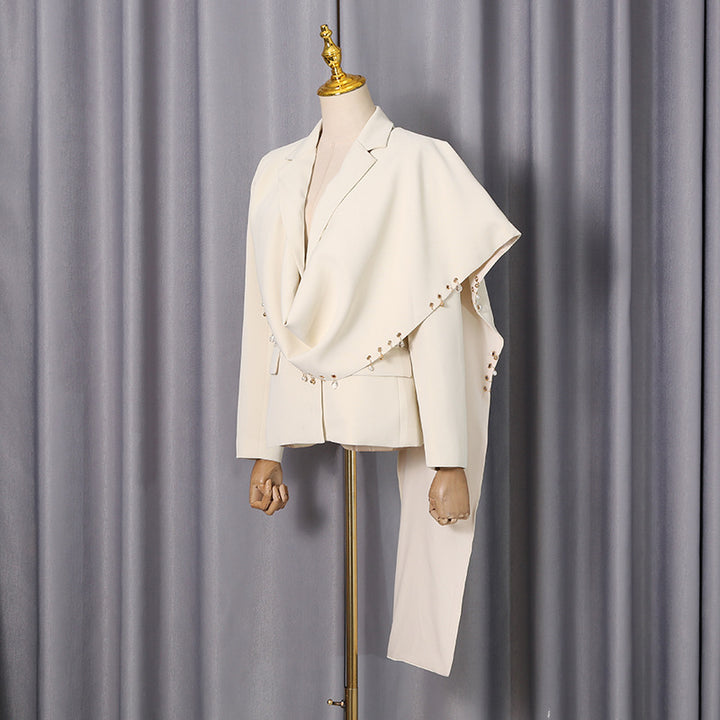 Waterfall Draped Pearl Beaded Tailored Blazer for Meetings Ready Women-Vyana Collective