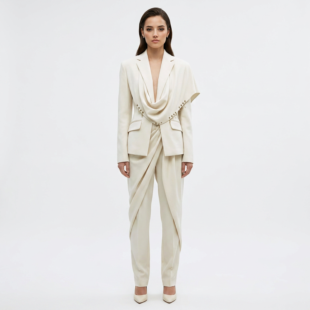 Waterfall Draped Pearl Beaded Tailored Blazer for Meetings Ready Women-Vyana Collective